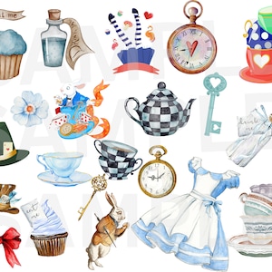 Alice in Wonderland Clipart Alice Clip Art Watercolor Alice Adventures Mad Hatter Tea Party Eat Me Drink Me White Rabbit Key Illustration