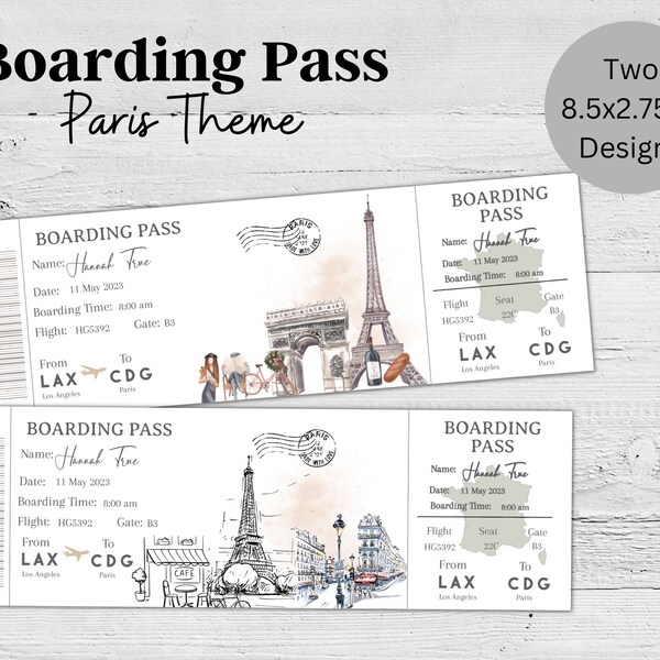 Printable and editable Paris Surprise boarding pass ticket, trip ticket to France Paris , Vacation ticket , editable template, Boarding Pass