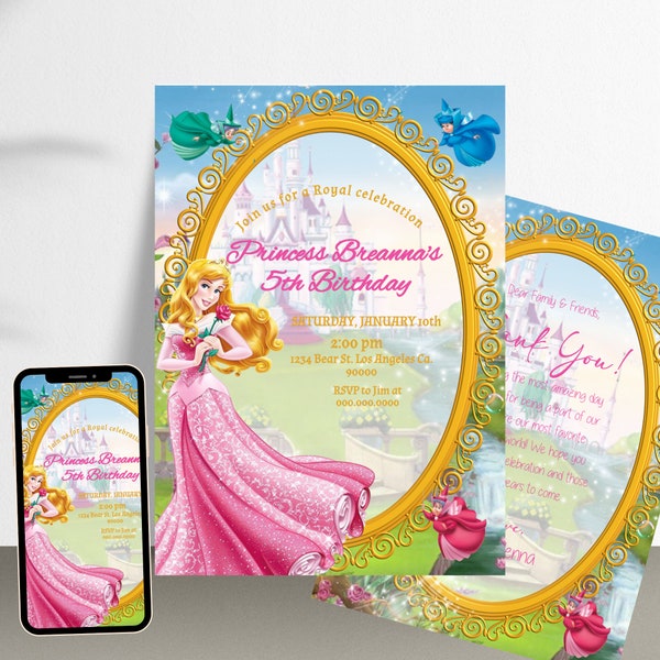 Princess Aurora Girl Birthday Party Invitations, Sleeping Beauty Party Invites Custom Template, Printable, Editable Instant Download DIGITAL