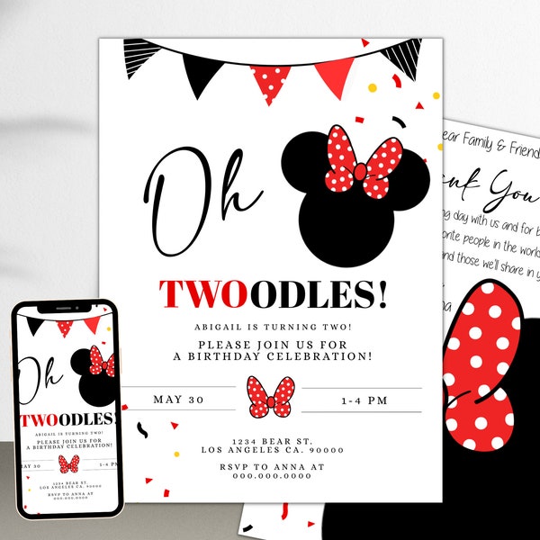 Minnie Mouse Invitation, Minnie Mouse 2nd Birthday Invitation Printable, Oh Twodles Invite, Girl Minnie Mouse Invite, INSTANT DOWNLOAD