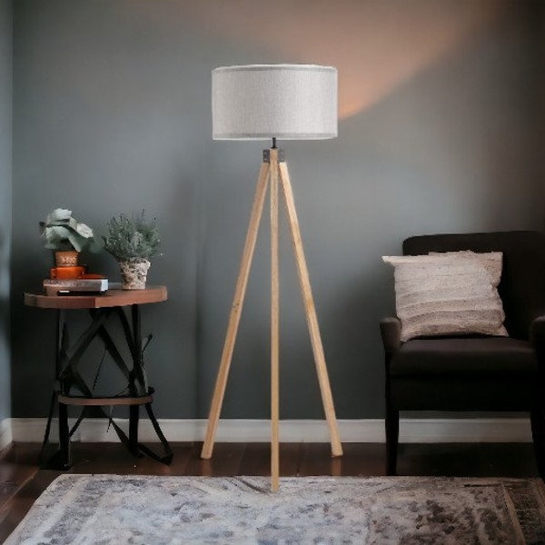 Floor lamp 5FT Elegant Wood Tripod Floor Lamp Free Standing E27 Bulb Lamp Versatile Use for Home Office - Grey