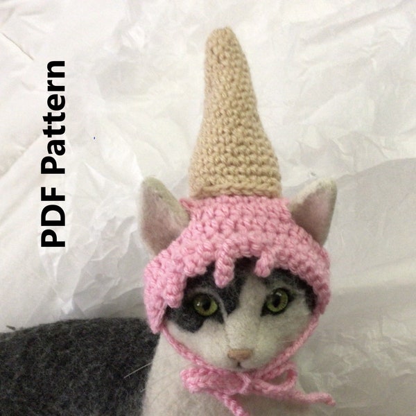 Crochet pattern, upside down ice cream cone, ice cream cone hat, cat pattern, animal pattern, pet pattern, Oona Patterns, ice cream, cat hat