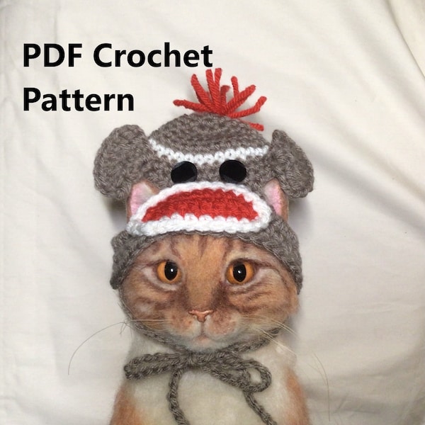 Sock Monkey, Sock Monkey hat, sock monkey pattern, hats for cats, cat hat patterns, pet hat patterns, Oona Patterns, Crochet, Cats, Patterns