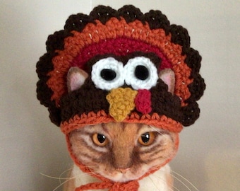 May include: A brown, orange, and red crocheted turkey hat with white eyes and a yellow beak. The hat is worn by a cat with orange and white fur.