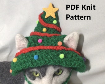 Christmas tree PDF knit pattern, hats for pets, hats for cats