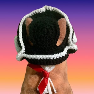 May include: A handmade crochet hat in black with a white trim, paired with a red and white ribbon. The hat is designed to fit a small pet. The background has a gradient of purple, orange, and yellow.