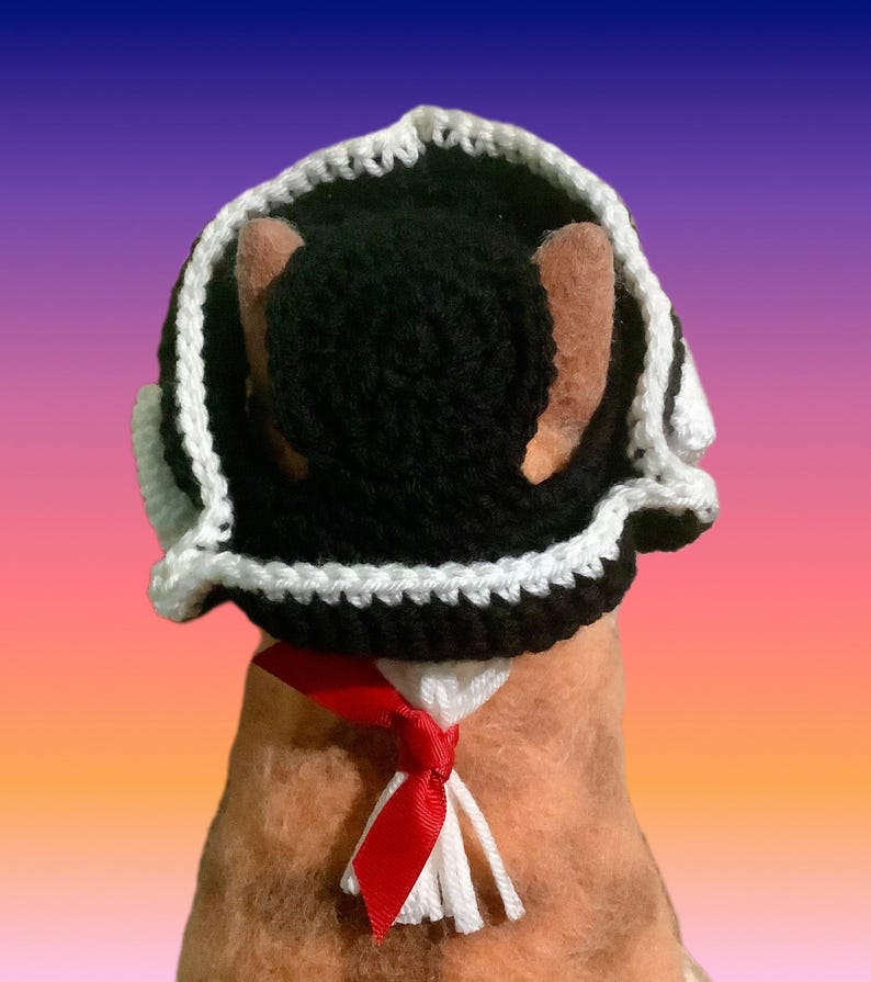 May include: A handmade crochet hat in black with a white trim, paired with a red and white ribbon. The hat is designed to fit a small pet. The background has a gradient of purple, orange, and yellow.