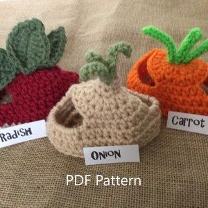 Veggie crochet pattern for pets, crochet pattern, cat hat pattern, animal hat pattern, carrot, onion, radish, veggie pattern, patterns