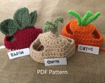 Veggie crochet pattern for pets, crochet pattern, cat hat pattern, animal hat pattern, carrot, onion, radish, veggie pattern, patterns