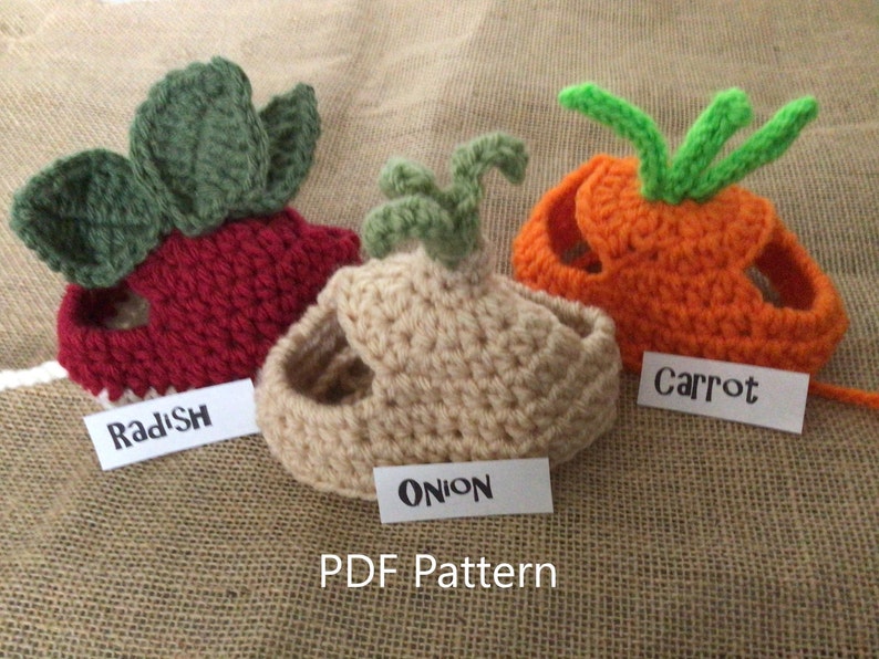 Veggie crochet pattern for pets, crochet pattern, cat hat pattern, animal hat pattern, carrot, onion, radish, veggie pattern, patterns image 1