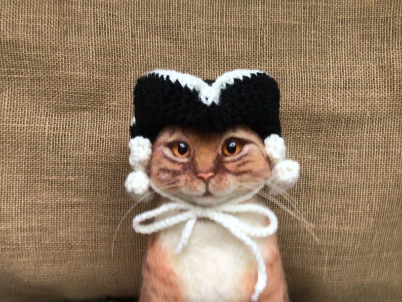 May include: A ginger cat wearing a black and white crocheted judge's hat with a white crocheted bow tie.
