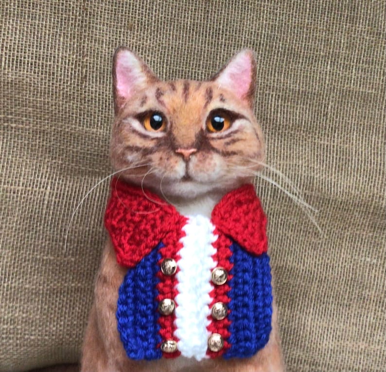 May include: A brown and orange tabby cat wearing a red, white, and blue crocheted vest with gold buttons.