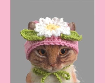 Daisy hat for pets, hats for cats, crochet pet hats