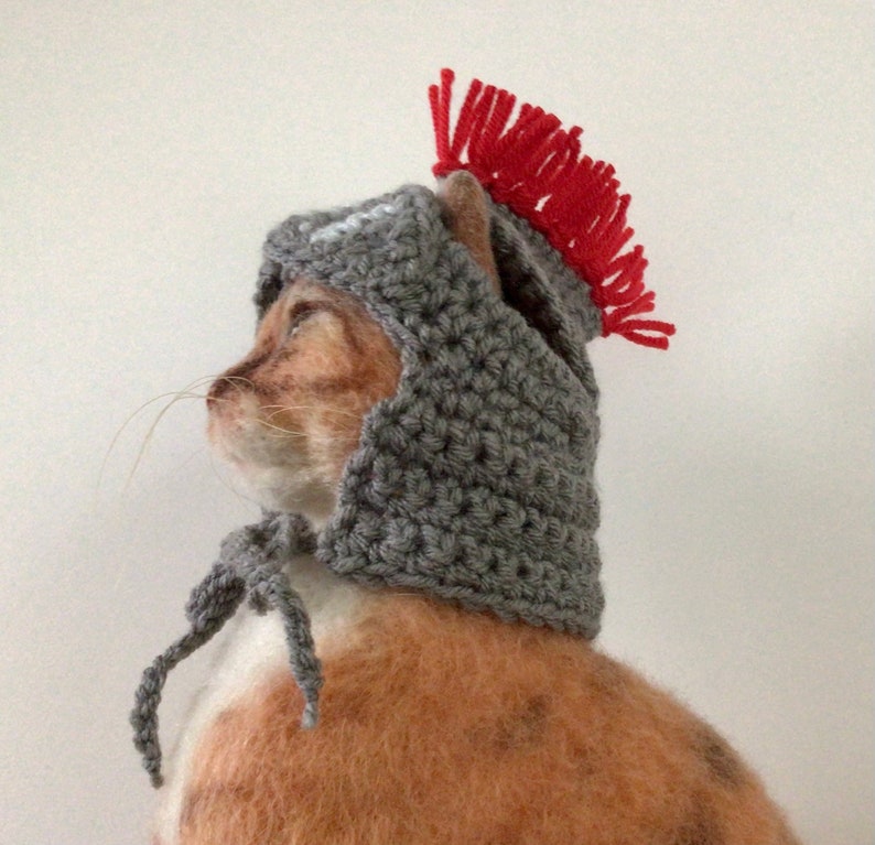 K&ouml;nnte beinhalten: Eine graue geh&auml;kelte Katzenm&uuml;tze mit einem roten Garnkamm. Die M&uuml;tze wird von einer Katze mit braunem und wei&szlig;em Fell getragen.
