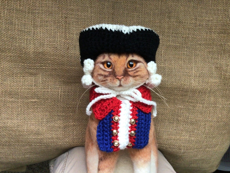 May include: A brown tabby cat wearing a red, white, and blue crocheted vest and a black and white crocheted hat. The cat is sitting on a brown burlap background.