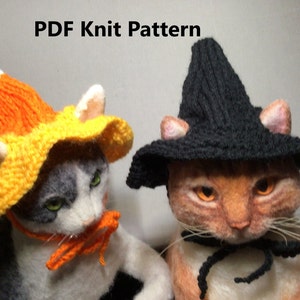 May include: PDF Knit Pattern for two cat hats. One hat is a black witch hat and the other is a yellow and orange candy corn hat.