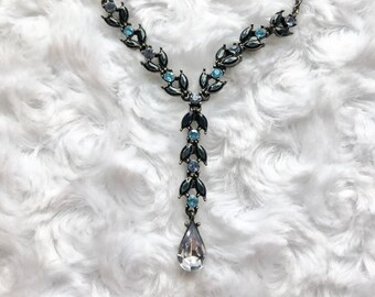 Blue Y Drop Necklace Rhinestone Vintage