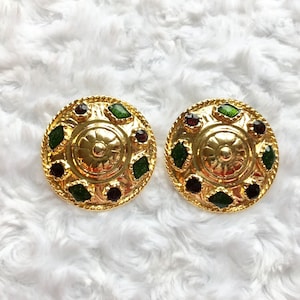 Vintage Round Gold Tone Enamel Clip On Earrings
