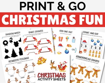 May include: A set of printable Christmas activity sheets for kids. The sheets feature activities such as shadow matching, baking cookies, odd one out, counting and dotting, reindeer feelings, and gingerbread shapes.