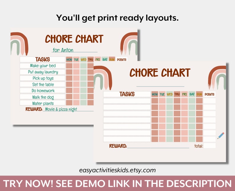 Kids Chore Chart Boho Rainbow, Editable & Printable Reward System ...