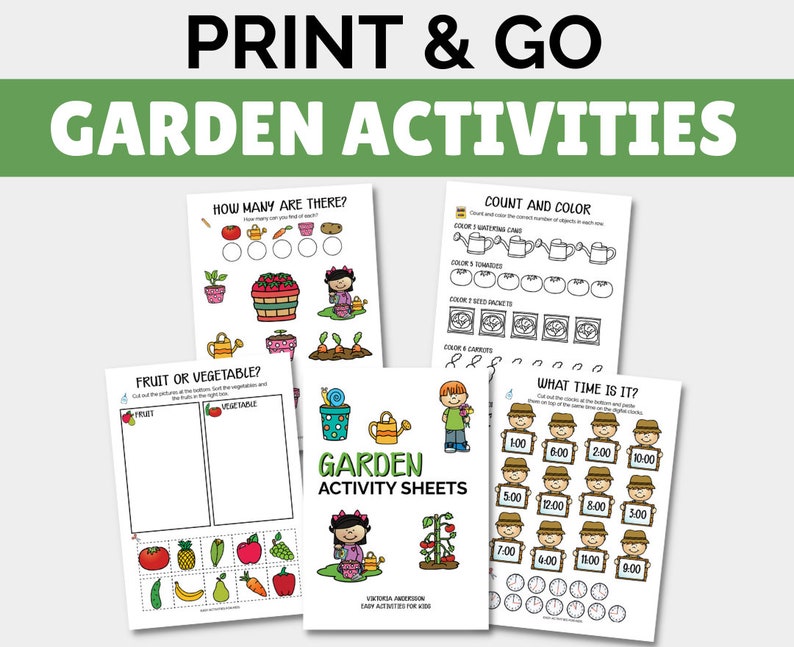 May include: Four printable garden activity sheets for kids. The first sheet has a picture of a basket of strawberries and asks 'How many are there?' The second sheet has a picture of a watering can and asks 'Count and color.' The third sheet has a picture of a pineapple and asks 'Fruit or vegetable?' The fourth sheet has a picture of a clock and asks 'What time is it?' The sheets are all black and white with colorful accents.