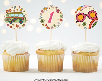 Editable Groovy Retro First Birthday Cupcake Toppers, Hippie Flower 70s Party Vibe 1st Party Decor, Printable Template