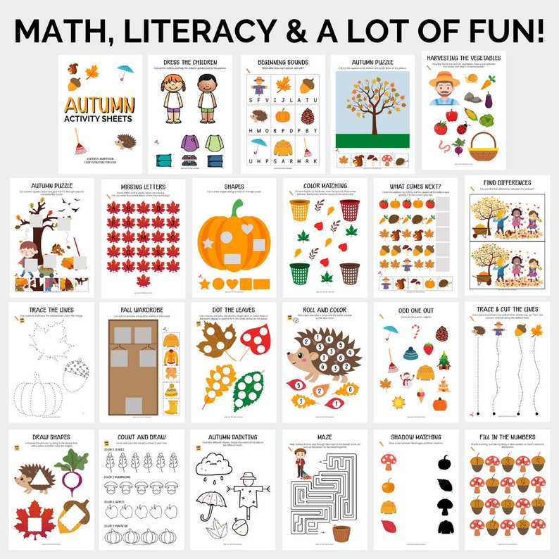 Autumn Activity Sheets Fall Preschool Learning Print & Go Printable Learning Activities Packet Educational Resources image 2