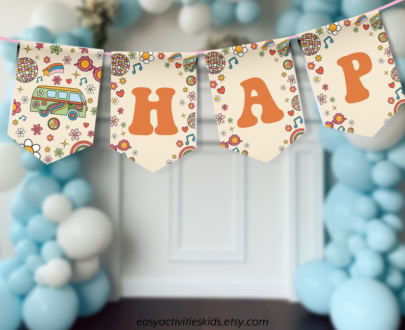 Editable Happy Birthday Banner Groovy Retro, Hippie Flower 70s Party ...