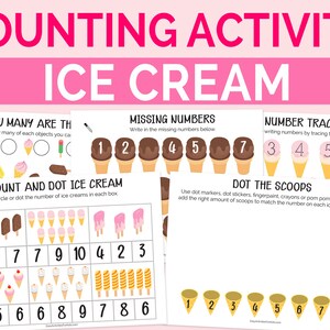May include: A printable worksheet for kids to practice counting with ice cream cones. The worksheet includes activities like counting ice cream cones, writing numbers, and tracing numbers. The worksheet features colorful illustrations of ice cream cones with different toppings.