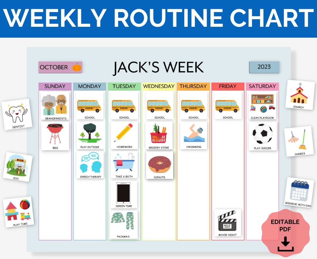 Editable Weekly Visual Routine Chart With Cards Schedule for Kids ...