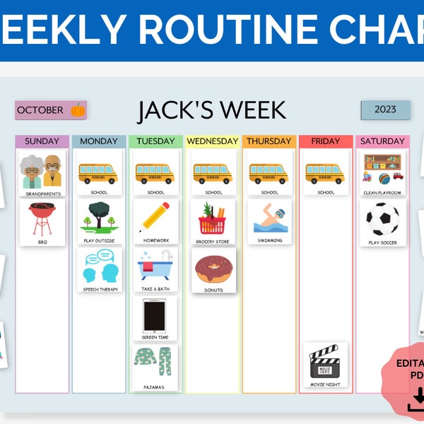 Editable Weekly Visual Routine Chart with Cards Schedule for Kids, Toddler, Preschool I Pictures Chore Chart