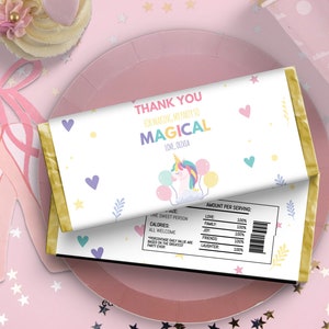 Editable Unicorn Girl Pink Chocolate Bar Labels Candy Wrapper, Party Decor, Birthday Printable Template with Nutritional Label 0102
