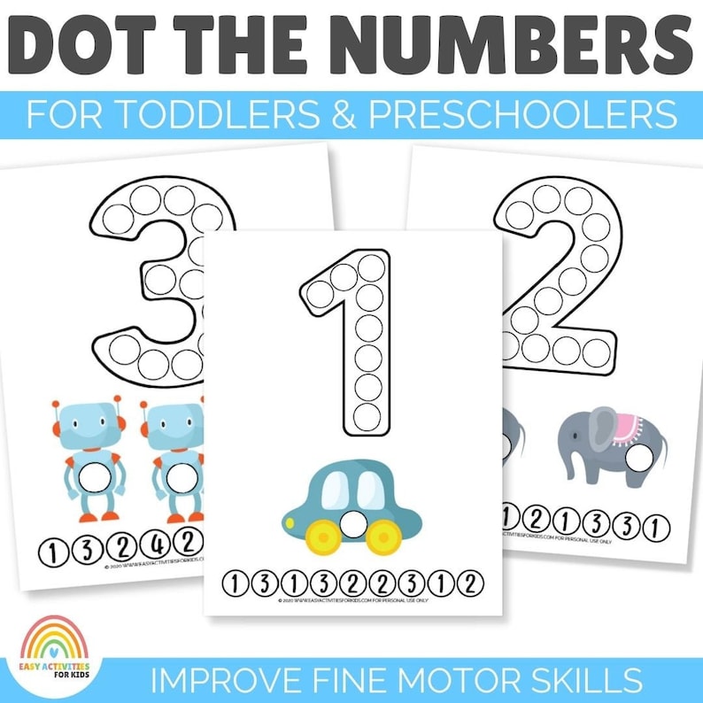 May include: A printable worksheet with three dot-to-dot number activities for toddlers and preschoolers. The numbers are 1, 2, and 3. Each number is surrounded by circles that need to be connected. The worksheet also includes a robot, a car, and an elephant.