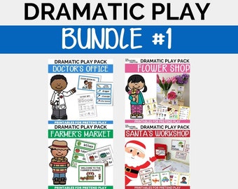 May include: A set of four printable dramatic play packs for pretend play. The packs include a doctor's office, flower shop, farmer's market, and Santa's workshop. Each pack includes colorful illustrations and text.