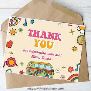 Cartão de agradecimento retrô bacana, flor hippie dos anos 70, vibração de festa, nota de agradecimento 4x6 "aniversário infantil, modelo para impressão de download instantâneo, 0101