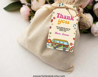 Editable Groovy Retro Birthday Favor Tags, Hippie Flower 70s Party Vibe Thank you Gift Label Instant Download Printable Template, 0101