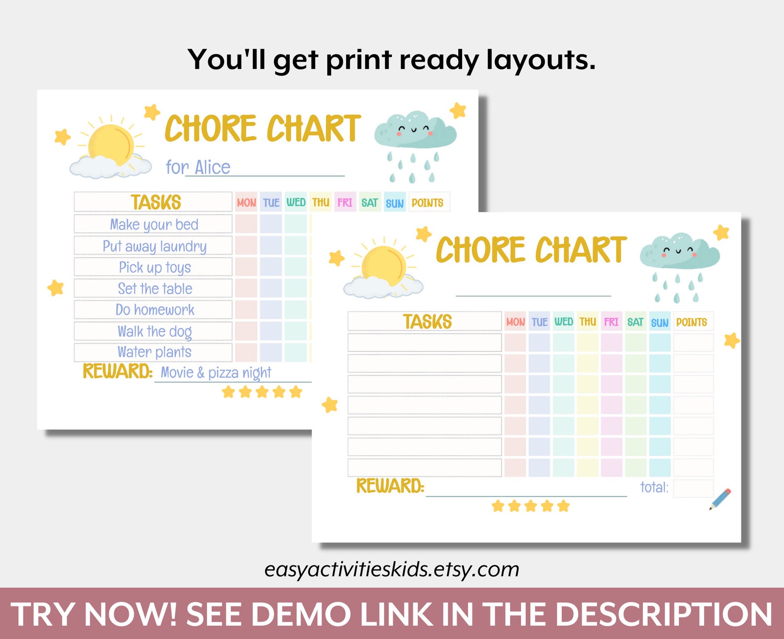 Kids Chore Chart Sunshine, Editable & Printable Reward System Kids ...