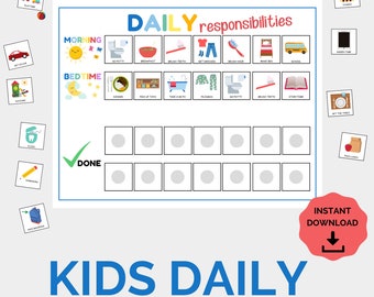 May include: A printable daily responsibility chart for kids with colorful icons representing morning and bedtime routines. The chart includes a checklist with 14 circles for each task. The text "DONE" is checked off with a green checkmark. The chart has a blue and white title "KIDS DAILY RESPONSIBILITY CHART" and a red button with the text "INSTANT DOWNLOAD" and a download icon.