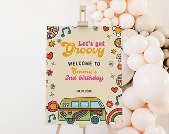Editable Groovy Retro Birthday Welcome Sign, Hippie Flower 70s Party Vibe Decoration, Instant Download Printable Template, 0101