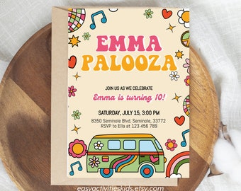 Editable Groovy Retro Birthday 8,5x11 Invitation Hippie Flower 70s Party Kids Palooza Instant Download Printable Template Corjl 0101