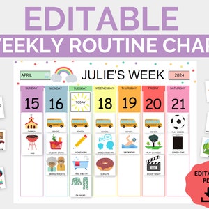 Editable Weekly Visual Routine Chart with Cards Schedule for Kids, Toddler, Preschool I Pictures Chore Chart Rainbow