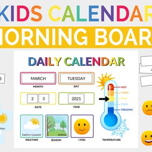 Tableau quotidien du matin, tableau de l'heure du cercle préscolaire, calendrier quotidien pour enfants, tableau météo et saisons, impressions préscolaires, carte météo, téléchargement PDF