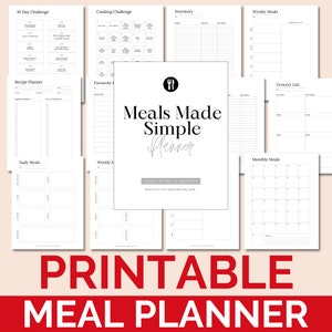 Puede incluir: Planificador de comidas imprimible con un diseño en blanco y negro. El planificador incluye secciones para un desafío de 10 días, un desafío de cocina, inventario, comidas semanales, planificador de recetas, recetas favoritas, comidas diarias, comidas semanales, comidas mensuales y una lista de la compra.