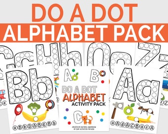 May include: A collection of alphabet activity sheets with the text "DO A DOT ALPHABET PACK". Each sheet features a large letter with dot circles for filling, and corresponding images. The pack includes the text "ACTIVITY PACK".
