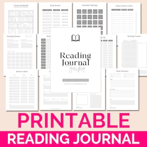 May include: Printable reading journal tracker with pages for a dream bookshelf, book review, reading challenge, library return dates, reading planner, reading log, books to read, and book summary.