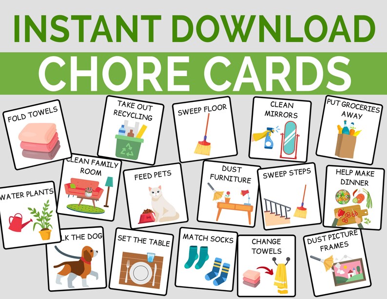 Kids Chore Cards I Printable Toddler Preschool Family Etsy