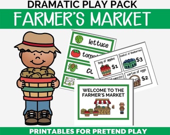 May include: A printable set of play food and market signs for pretend play. The set includes a farmer holding a basket of potatoes, a sign that says "Welcome to the Farmer's Market", and signs for various produce with prices.