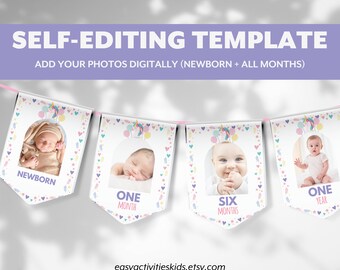 May include: A printable unicorn-themed baby milestone banner with photo frames for each month. The banner includes the text "NEWBORN", "ONE MONTH", "SIX MONTHS", and "ONE YEAR".