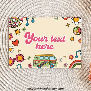 Etichette alimentari retrò Groovy modificabili Compleanno Hippie Fiore anni '70 Party Vibe Segnaposto Scheda tenda Download immediato Modello stampabile 0101