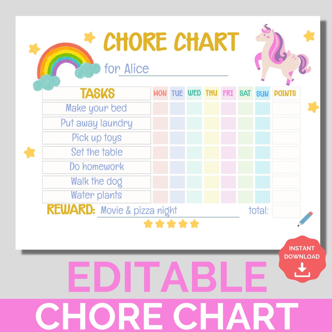 Kids Chore Chart Unicorn, Editable & Printable Reward System | Kids ...